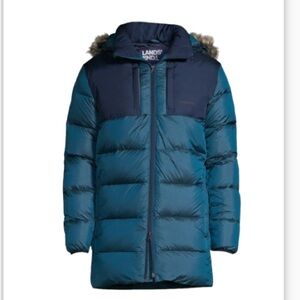 LANDSEND Mens Down WideChannel Parka Removable Hood Lightweight Warmth Teal Blue